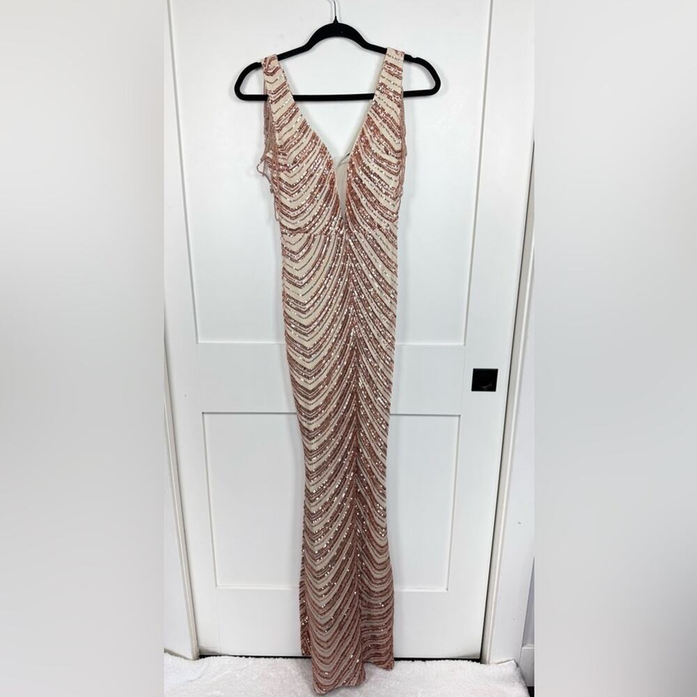 Glory Connection Pink Sequin Beeded Low V Special Occasion Maxi Dress Size XS/S